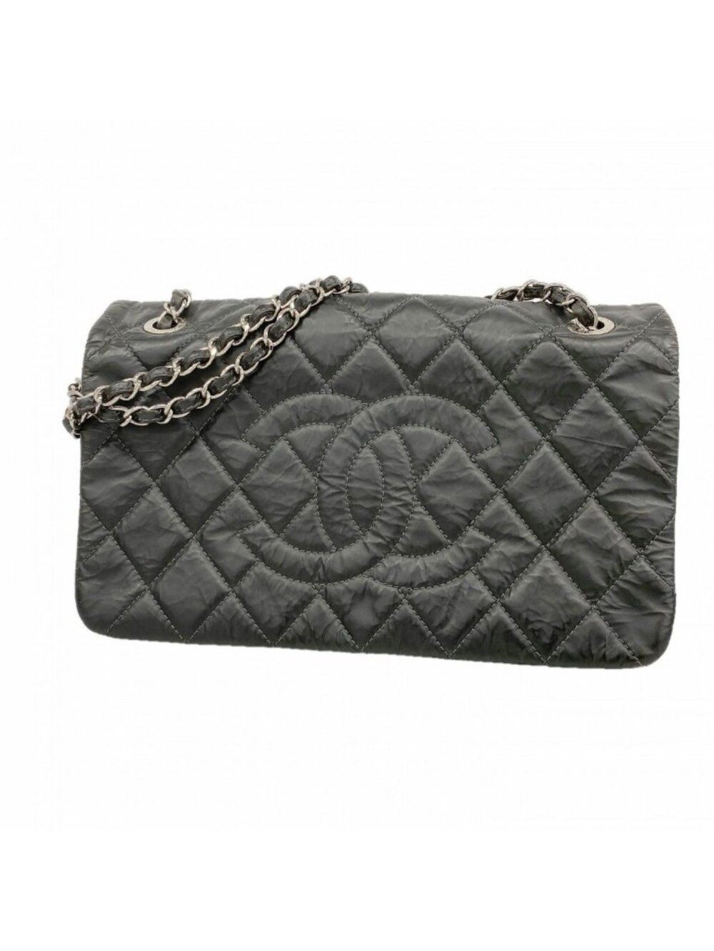 Chanel Shoulder Bag Quilted Leather Black Silver
